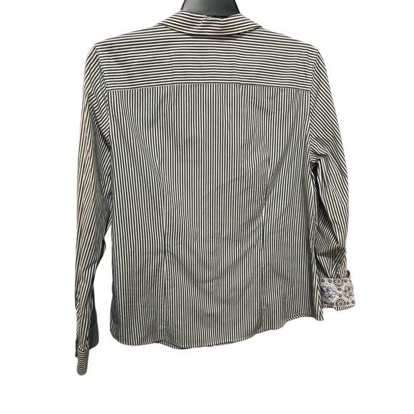 Talbots Size 16 Grey White Stripe Button Front Top Wrinkle Resistant Flip Cuff - Picture 6 of 9